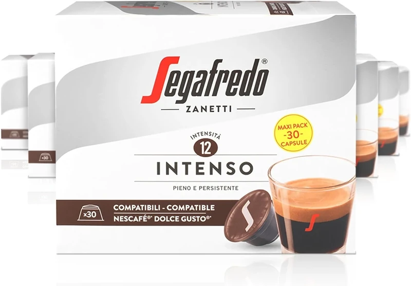 Segafredo Zanetti 180 Intenso Coffee Capsules Compatible with Dolce Gusto by Nescafé - Intense Flavor, Dark Roast (6 Boxes of 30 Capsules Each)