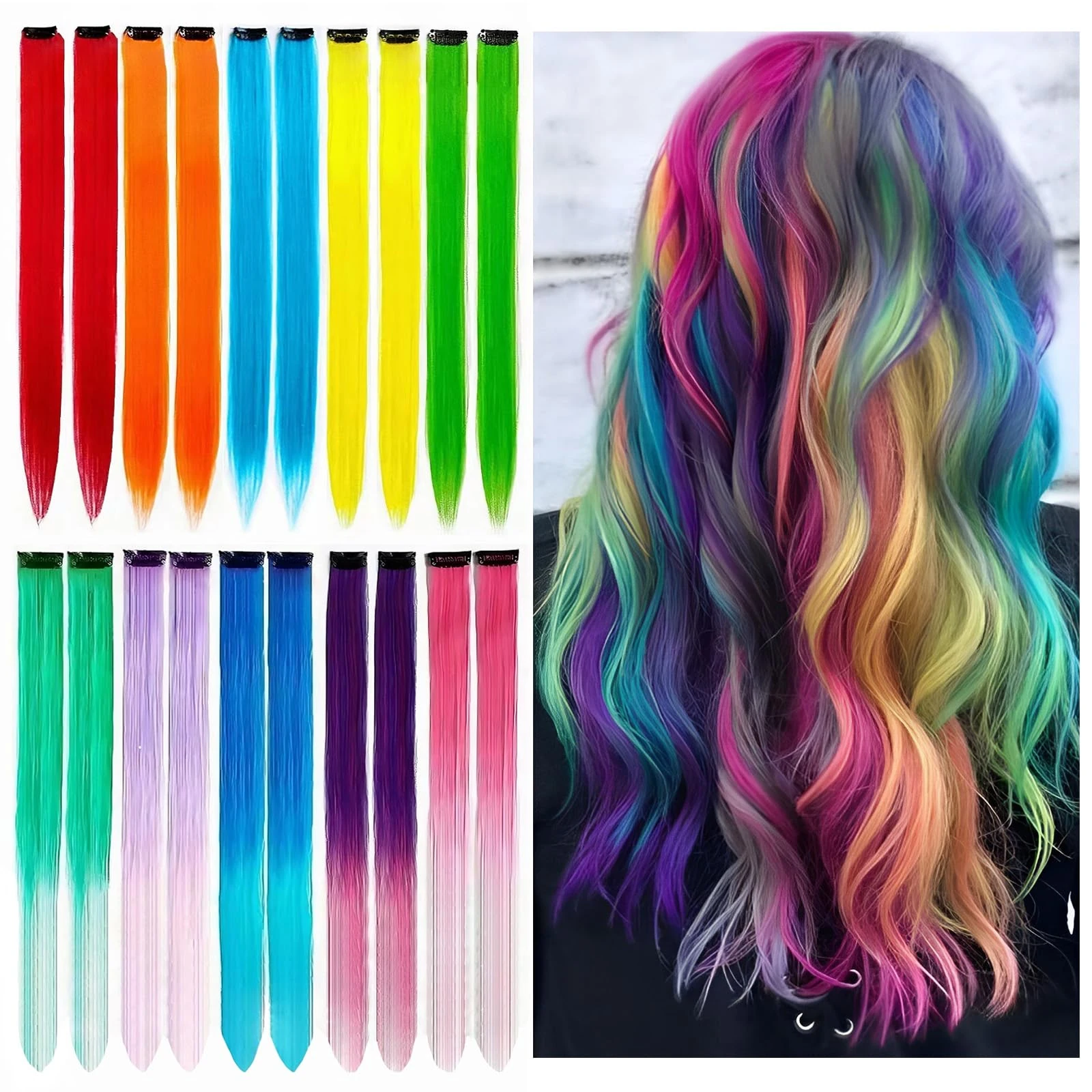 20PCS DIY Clip In Coloured Hair Extensions for Kids, Girls, Women - 22 Inch Silky Rainbow Straight Extensions, 10 Colours for Party Highlights and Crazy Hair Day