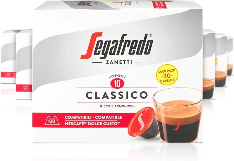 Segafredo Zanetti 180 Classico Coffee Capsules Compatible with Dolce Gusto by Nescafé - Classic Flavor, Medium Roast (6 Boxes of 30 Capsules Each)