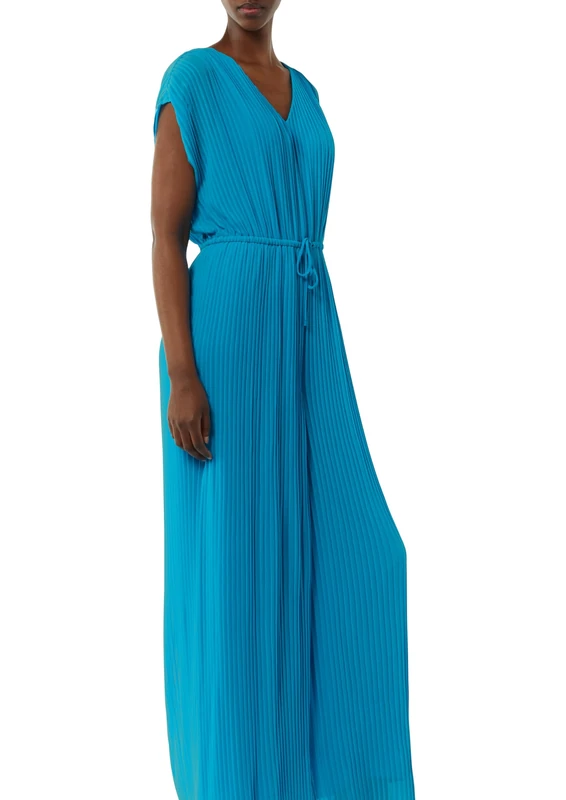 comma Pleated V Neck Jumpsuit, Blue Green 6264, 8