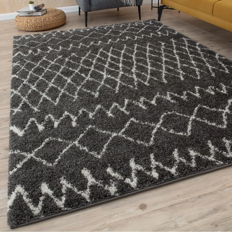 THE RUGS Modern Moroccan Design Living Room and Bedroom Rugs, Non-Shedding & Easy Care (Tangier Dark Grey/Ivory, 200x290 cm)