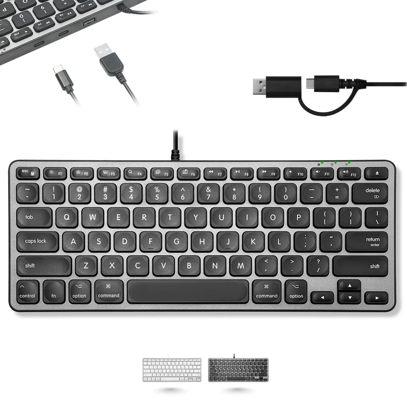 Macally Wired Keyboard for Mac with USB Hub (2X USBC / 1x USBA) - Compatible Small Apple Key Board with 2 in 1 USB Plug - for MacBook Pro/Air, Mac mini, iMac