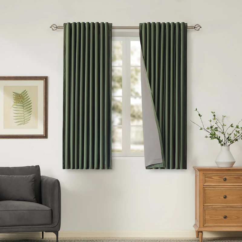 100% Full Blackout Olive Green Velvet Curtains - 63 Inch Long, Set of 2 Liner Rod Pocket Back Tab Thermal Window Curtains for Living Room and Bedroom