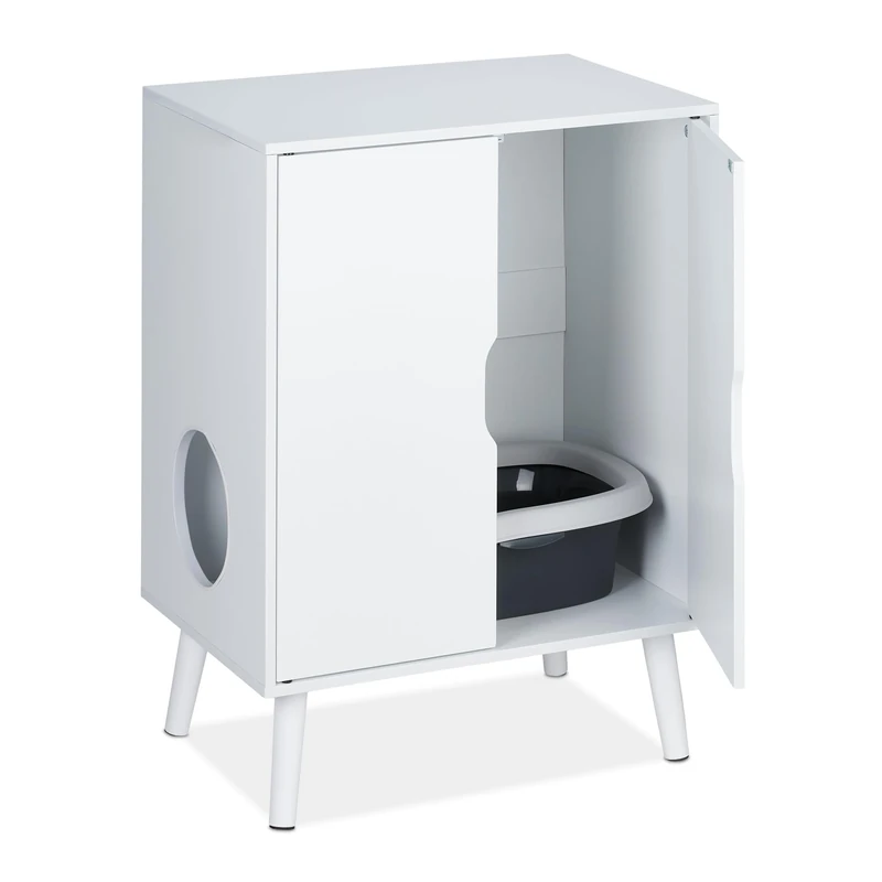 Relaxdays Cat cabinet, for Hiding Litter Tray, 2 Doors, Entrance, House, Chest of Drawers, HxWxD: 77 x 58 x 40 cm, White
