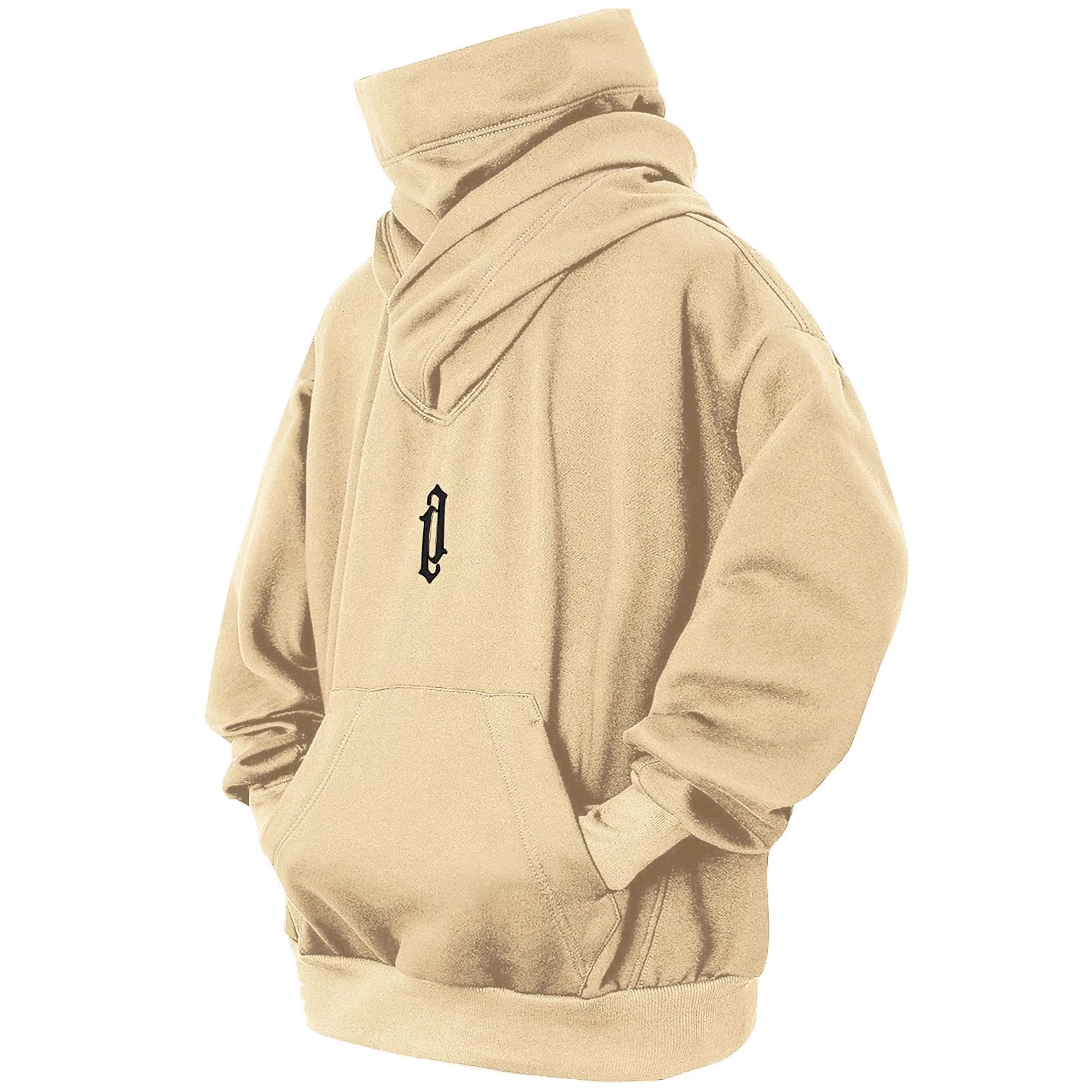 Eocicvvi Hoodies for Men Cowl Neck Hoodie Fleece Pullover Sweat Hood Long Sleeve Sweatshirt Casual Pullover Fall Winter Loose Fit Tops with Embroidery(Beige,M)