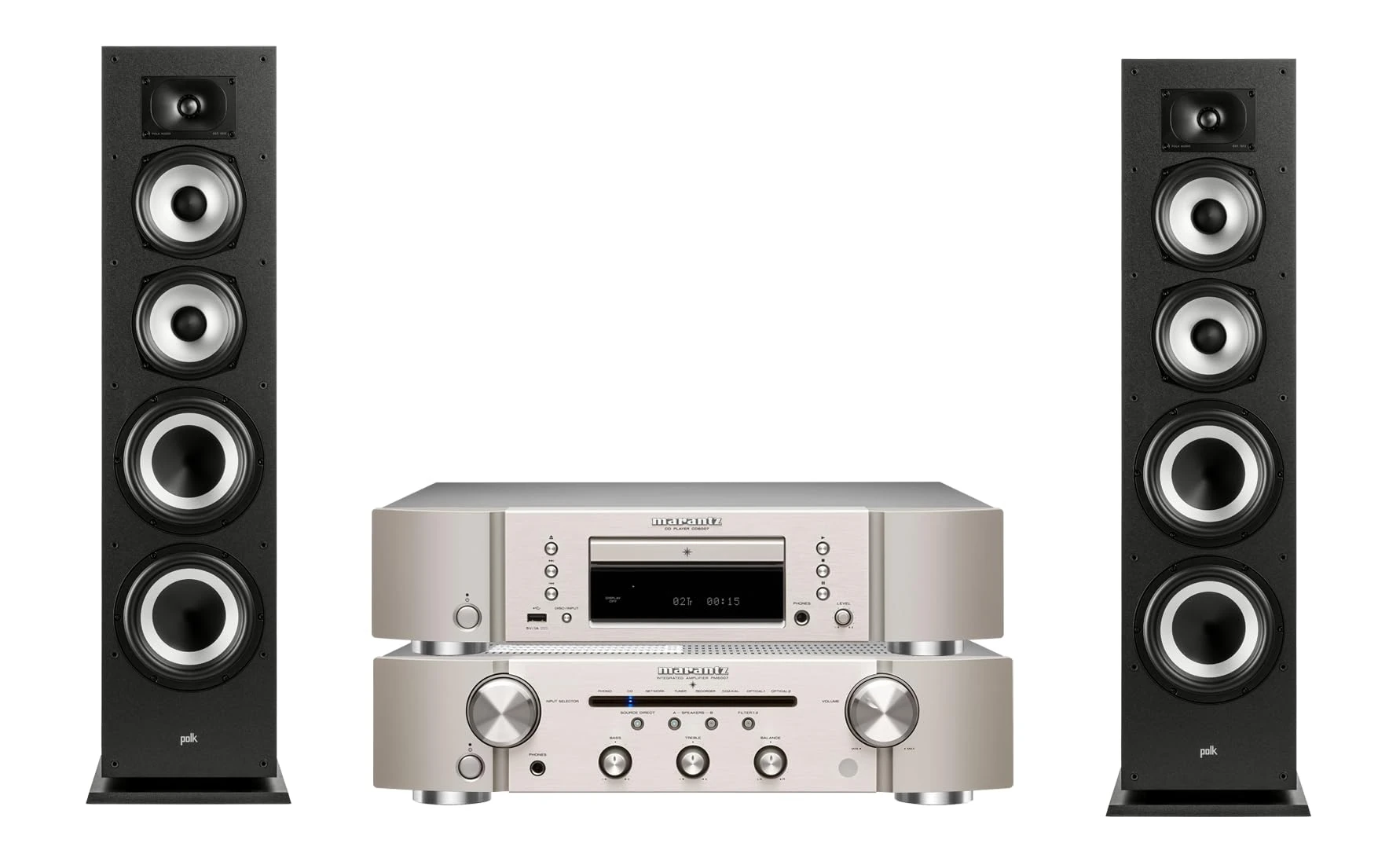 Marantz PM6007 Amplifier, Integrated Amplifier + POLK AUDIO Monitor XT70 High-Resolution Floor-Standing Tower Loudspeaker + Marantz CD6007 CD Player, Fine Tuned CD Player