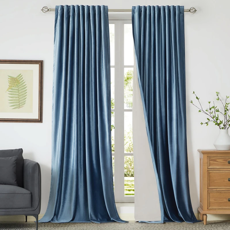 PRIMROSE 100% Full Blackout Velvet Curtains, 96 inch Long for Living Room, Set of 2 Stone Grayish Blue Liner Rod Pocket Back Tab Thermal Room Darkening Curtains