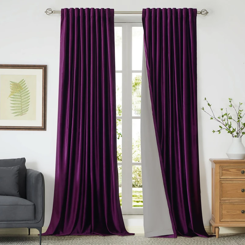 PRIMROSE 100% Full Blackout Purple Velvet Curtains 96 inch Long for Living Room,Set of 2 Liner Rod Pocket Back Tab Thermal Window Curtains Room Darkening Heavy Decorative Curtains Drapes for Bedroom