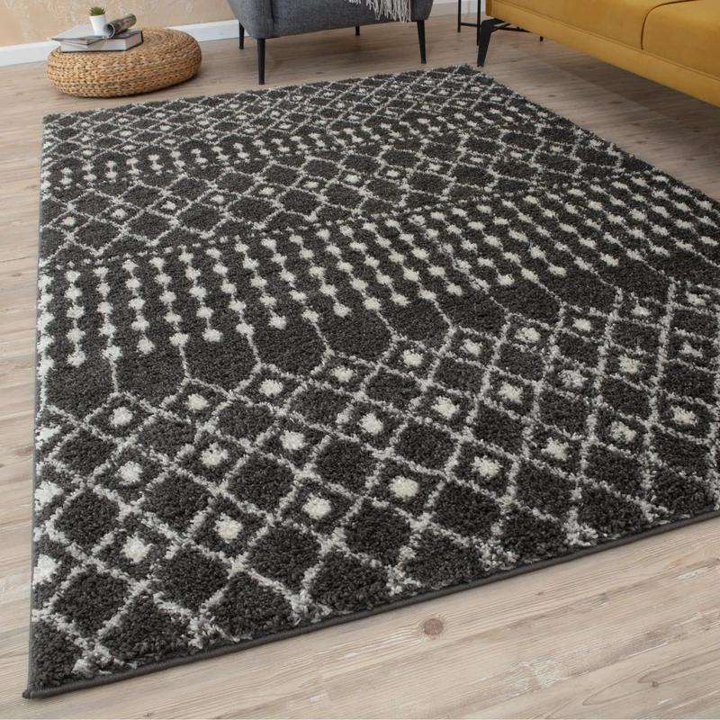 THE RUGS Modern Moroccan Design Living Room and Bedroom Rugs, Non-Shedding & Easy Care (Moroccan Dark Grey/Ivory, 80x300 cm)