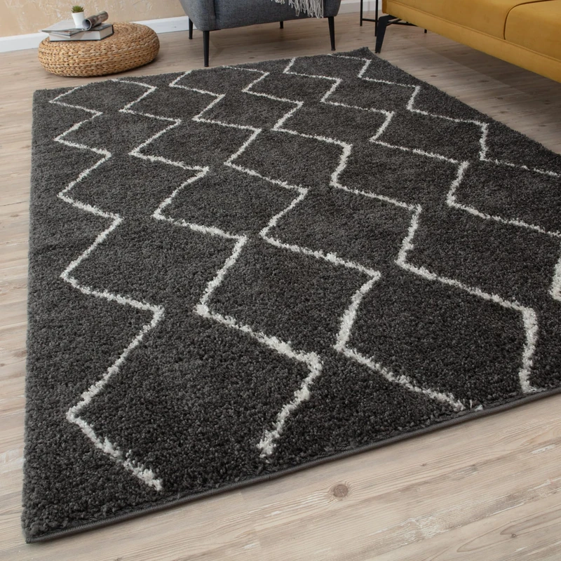 THE RUGS Modern Moroccan Design Living Room and Bedroom Rugs, Non-Shedding & Easy Care (Boho Dark Grey/Ivory, 140x200 cm)