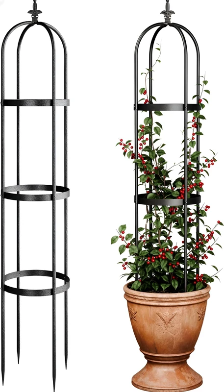 Idzo 100% Metal Obelisk Trellis for Climbing Plants Outdoor 6ft - 72in, Heavy Duty Black Garden Trellis for Climbing Vine with Hammer Stone Coated, 1pc Upgrade