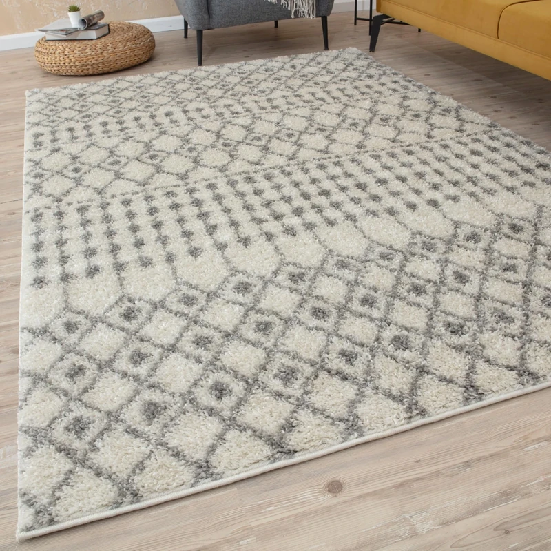 THE RUGS Modern Moroccan Design Living Room and Bedroom Rugs, Non-Shedding & Easy Care (Moroccan Ivory/Grey, 140x200 cm)