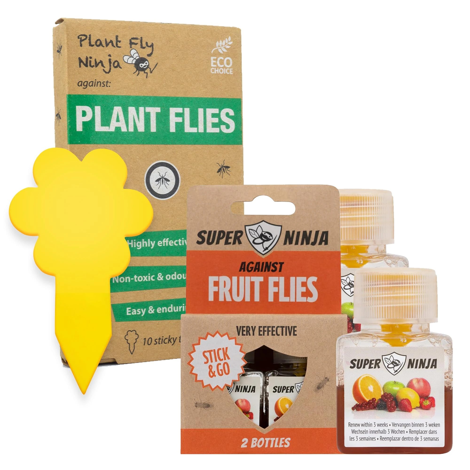 Super Ninja Fungus Gnat Killer and Fruit Fly Trap - 10 Yellow Fungus Gnat Sticky and 2 Bottles Fruit Fly Traps - Highly Effective