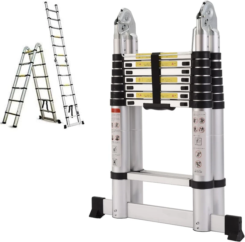 Nictemaw Multi-Purpose Ladder, 2-in-1 Folding Ladder, 5 m Telescopic Ladder Made of Aluminium, 150 kg Load Capacity, 16 Rungs