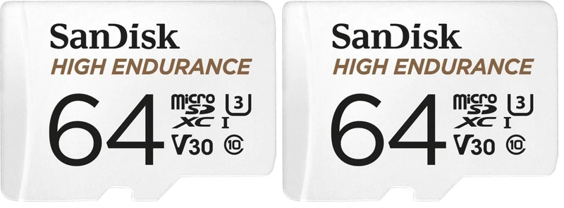 SanDisk HIGH ENDURANCE Video Monitoring for Dashcams & Home Monitoring 64 GB microSDXC Memory Card + SD Adaptor, Up to 100 MB/s read and 40 MB/s Write, Class 10, U3, V30, White (Pack of 2)