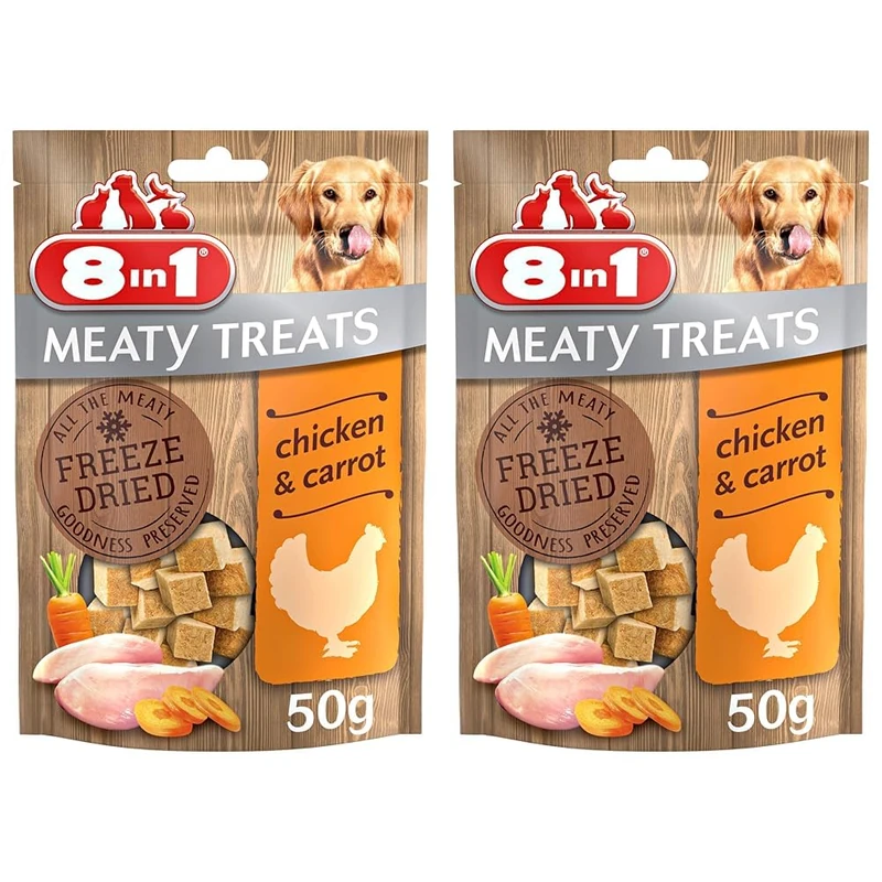 8in1 Meaty Treats, freeze dried snacks for dogs with chicken and carrot, grain free, no sugar, 50g (Pack of 2)