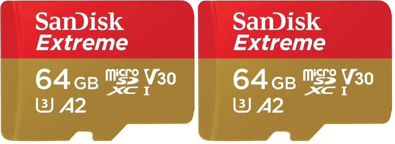 SanDisk Extreme microSDXC card plus SD adapter plus RescuePRO Deluxe, up to 170 mB/s, with A2 App Performance, UHS-I, Class, 10, U3, V30, Yellow, 64GB (Pack of 2)