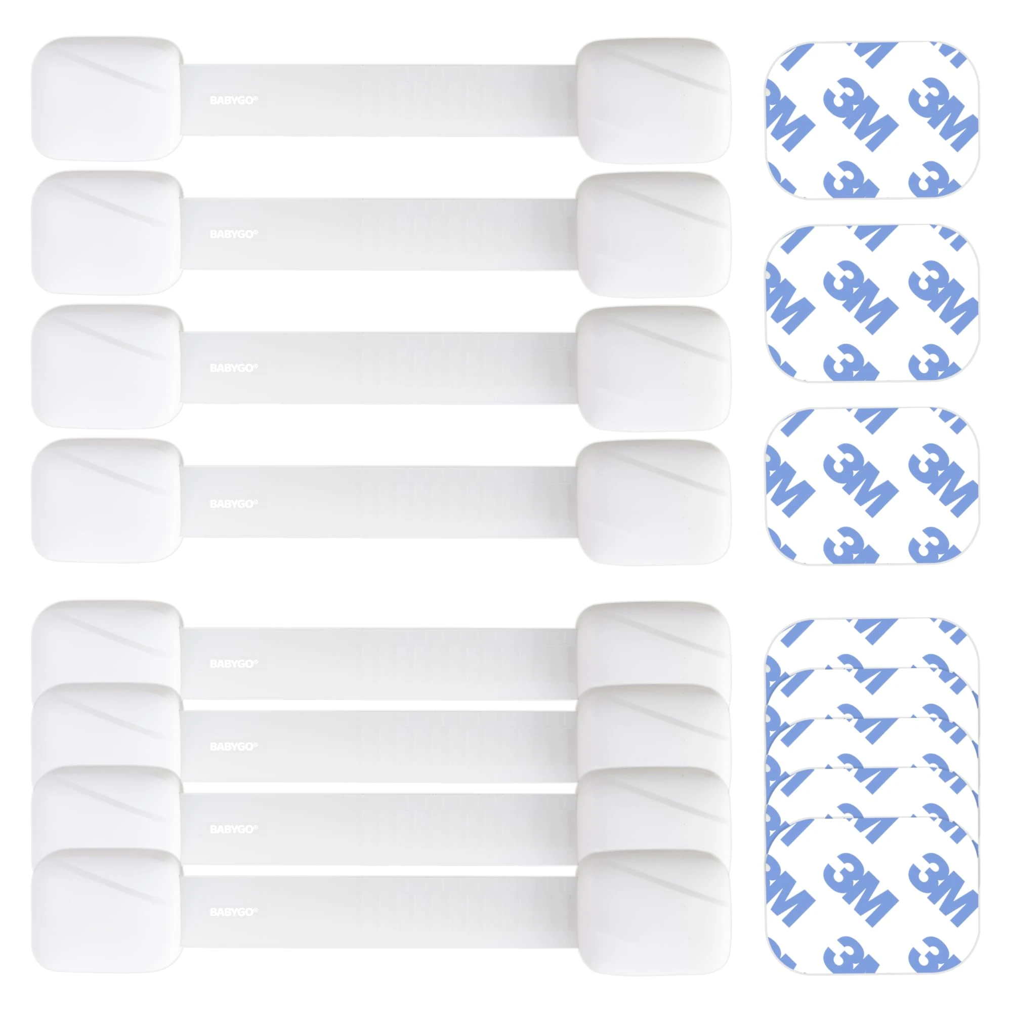 BABYGO® Child Safety Cupboard Locks for Children with Smart Unlock for Kitchen (8 Pack) | Adjustable Straps | Baby Proof Your Home in 30 Seconds | White