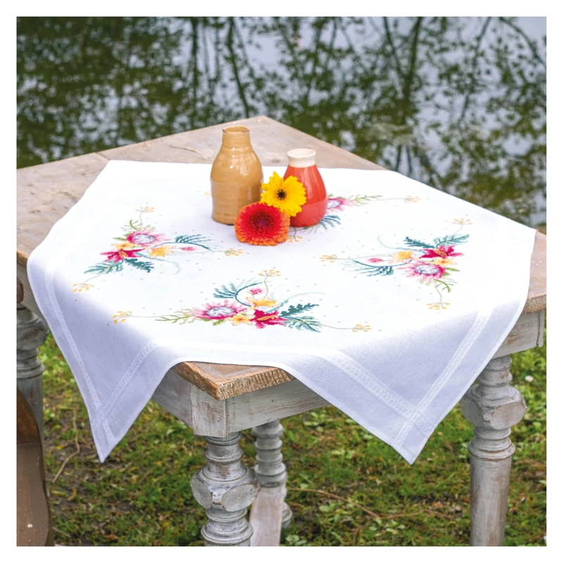 Vervaco Tablecloth Kit Tropical Flowers, White, Approx. 80 x 80 cm