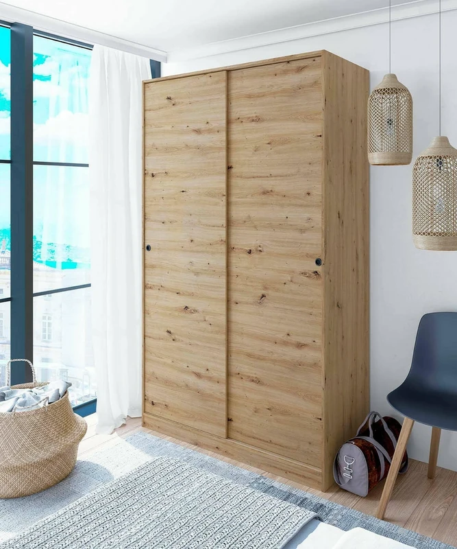 Dmora - Wardrobe Waterbury, Bedroom wardrobe with 2 sliding doors, Unit with 4 shelves and clothes rail, 120x50h200 cm, Oak Knots