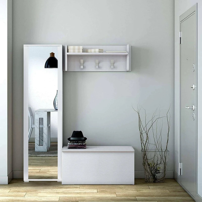 Dmora - Entrance furniture Mirtilla, Modern entrance with coat hanger, Furniture with shoe rack, Cabinet with mirror, Cm 50x32h182, White