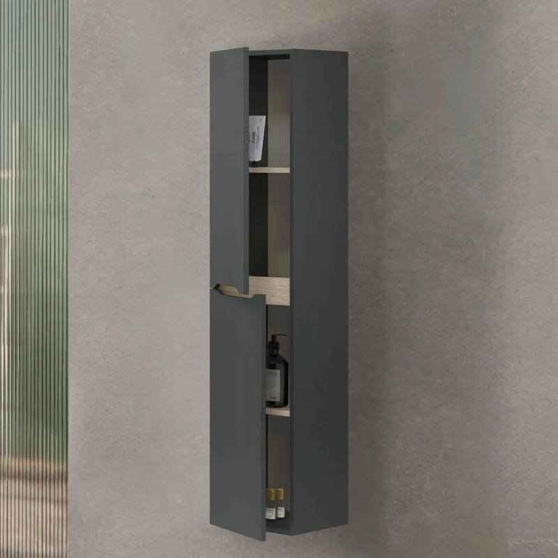 Dmora - Bathroom column Williamsburg, Suspended bathroom wall unit with 2 doors, High wardrobe, 31x26h135 cm, Anthracite and Oak
