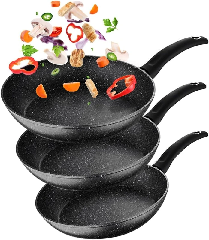 Avilia Set of 3 Non-Stick Hard Stone Frying Pans for Induction - Uniform Cooking for Meat, Fish, Vegetables - Various Sizes 20 cm, 24 cm, 28 cm