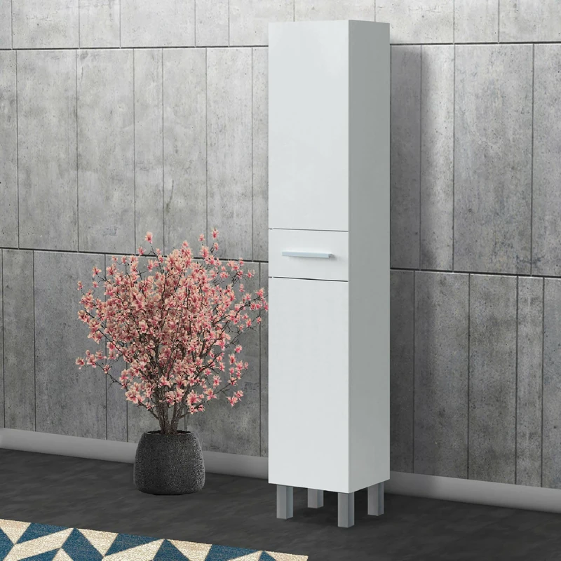 Dmora - Bathroom column Wilmington, Bathroom wall unit with 2 doors and 1 drawer, High cabinet, 35x31h182 cm, Glossy white