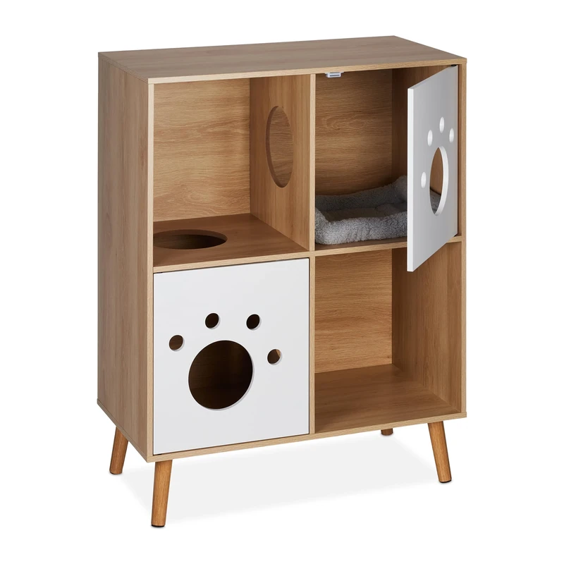 Relaxdays Cat Cabinet, 4 Compartments, XXL Wooden Cupboard Design, Litter Box, HxWxD: 96 x 75 x 40 cm, Natural/White, Fibreboard