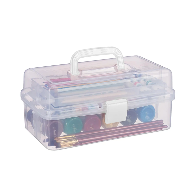 Relaxdays Storage Box with 9 Compartments, Sorting for Craft & Art Supplies, Sewing Kit, 14.5 x 33 x 19 cm, Clear/White