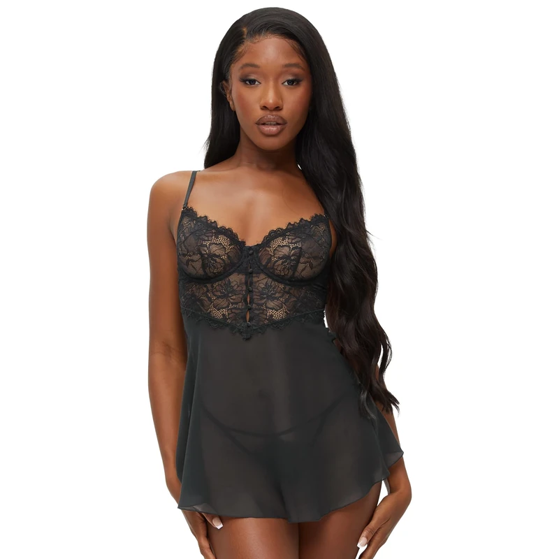 Ann Summers Iris Babydoll Set – Sheer Lace and Chiffon Nightwear – Babydoll Lingerie for Women with Matching Thong, Underwired Cups & Adjustable Straps – Womens Lingerie Set for Bedroom Confidence