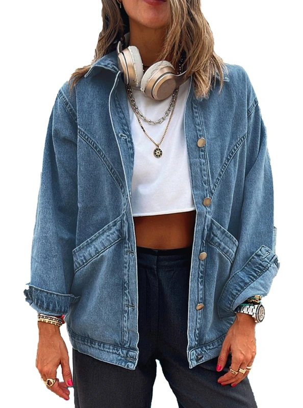 MJFCS YAENH Women's Casual Oversized Button Up Denim Jackets Shacket Long Sleeve Pockets Denim Jean Jacket, Blue, XX-Large