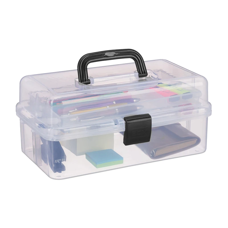 Relaxdays Storage Box with 9 Compartments, Sorting for Craft & Art Supplies, Sewing Kit, 14.5 x 33 x 19 cm, Clear/Black