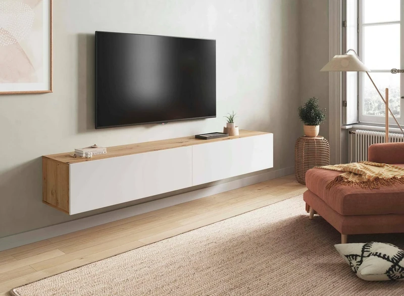 Dmora - TV stand Vincennes, TV stand with 2 doors, Suspended living room cabinet, 180x35h28 cm, Node oak and glossy white