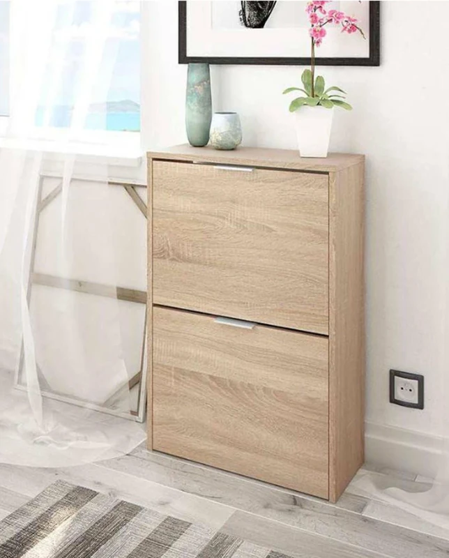 Dmora - Shoe rack Valdosta, Space-saving shoe rack with 2 doors, Entrance shoe rack, Shoe rack wardrobe, 50x22h76 cm, Oak