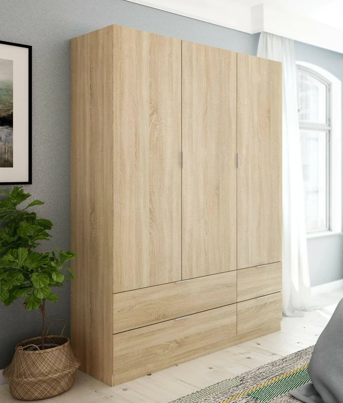 Dmora - Wardrobe Weymouth, Bedroom furniture with 3 doors and 2 drawers, Coat hanger, 135x52h200 cm, Oak