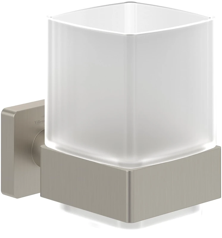 Villeroy & Boch Elements - Striking tumbler holder, toothbrush holder for wall installation, toothbrush tumbler made from satin-finished glass with brass holder, square, Brushed Nickel