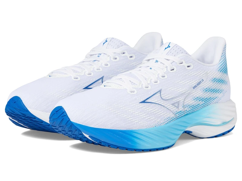 Mizuno Women's Wave Rider 28 D Running Shoe, White-Mugen Blue, 7.5 Wide