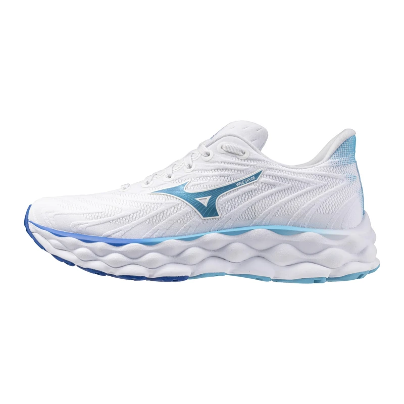 Mizuno Women's Wave Sky 8 Running Shoe, White-Moroccan Blue, 7.5