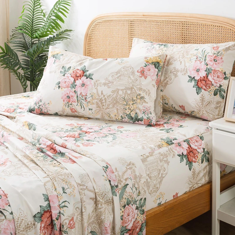 Zusbest- Queen Sheets, Soft 100% Cotton Pink & Cream Floral Bed Sheets,Shabby Vintage Chic Peony Flower Printed Sheets, Breathable Luxury Bedding 4 Piece Deep Pocket Sheets
