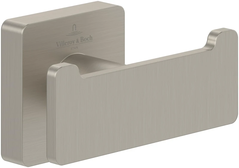Villeroy & Boch Elements - Striking Double Towel Hook, Towel Holder for Wall Installation, Towel Hook Made from Brass, Bathroom Accessory, Square Bathroom Hook, 80 x 44 x 45 mm, Brushed Nickel
