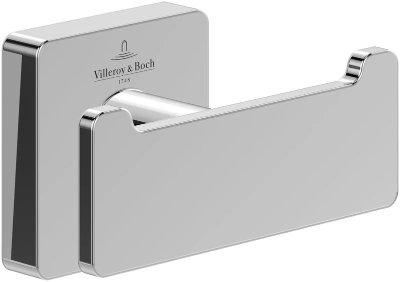 Villeroy & Boch Elements - Striking Double Towel Hook, Towel Holder for Wall Installation, Towel Hook Made from Brass, Bathroom Accessory, Square Bathroom Hook, 80 x 44 x 45 mm, Chrome
