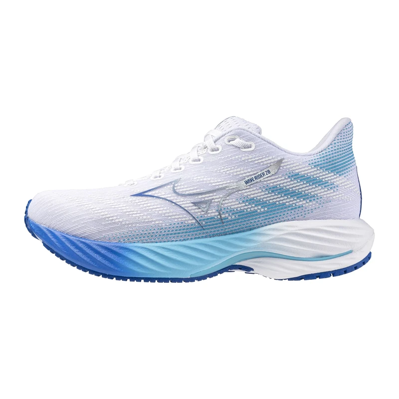 Mizuno Women's Wave Rider 28 Running Shoe, White-Mugen Blue, 8 Wide