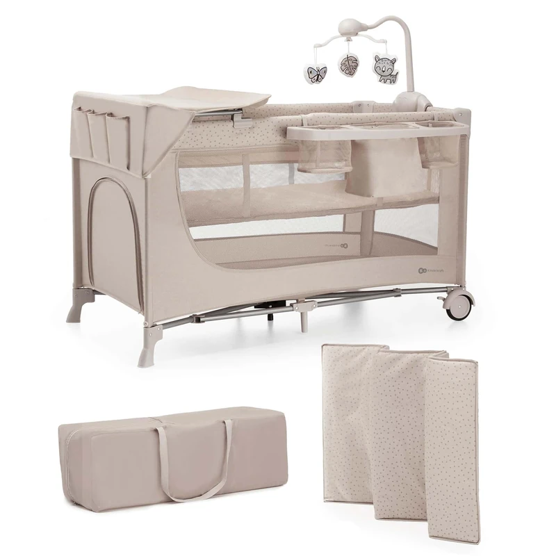 Kinderkraft JOY 2 ACC 2-in-1 Travel Cot for Baby up to 25 kg, Quick and Easy Folding, Includes Crib Carousel with Toys, Diaper Racks and Changing Mat, Carry Bag, Beige