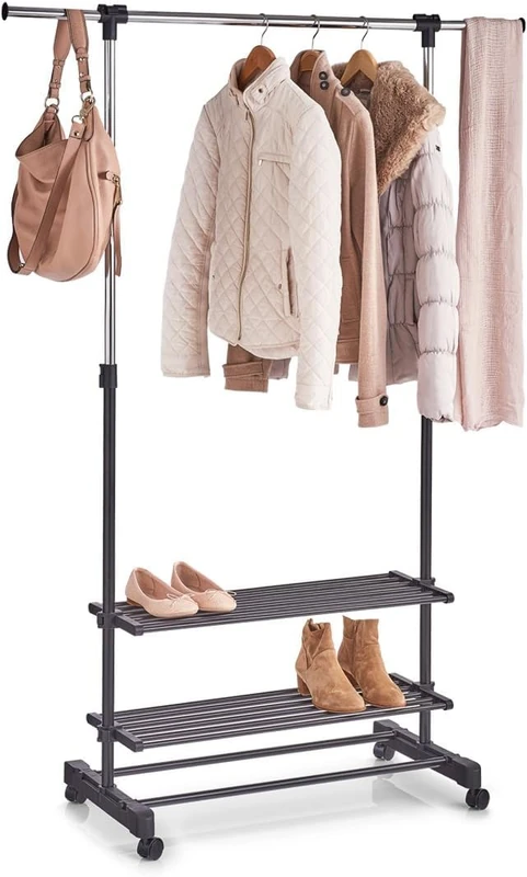 Avilia Adjustable Bedroom Clothes Stand with Shelves for Shoes – Grey and Black Metal Shoe Rack with Wheels, 80 – 120 x 42.5 x 101.5 – 166 cm