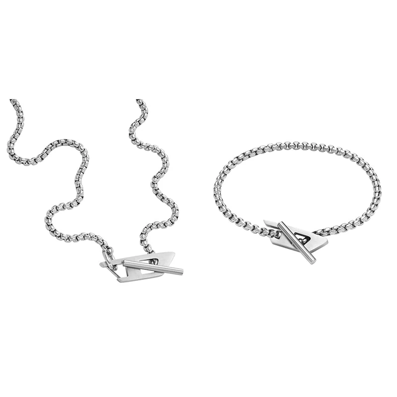 Diesel Herrenhalsband und -armband, silberfarbener Edelstahl, Set