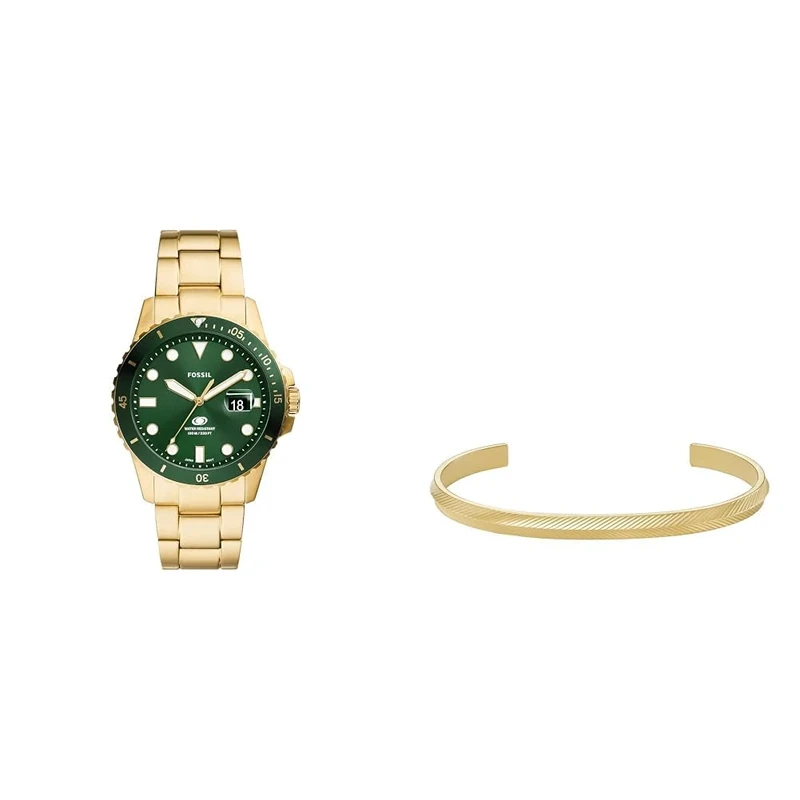 Fossil Herrenuhr Blue Dive und Armband Harlow, goldfarbener Edelstahl, Set