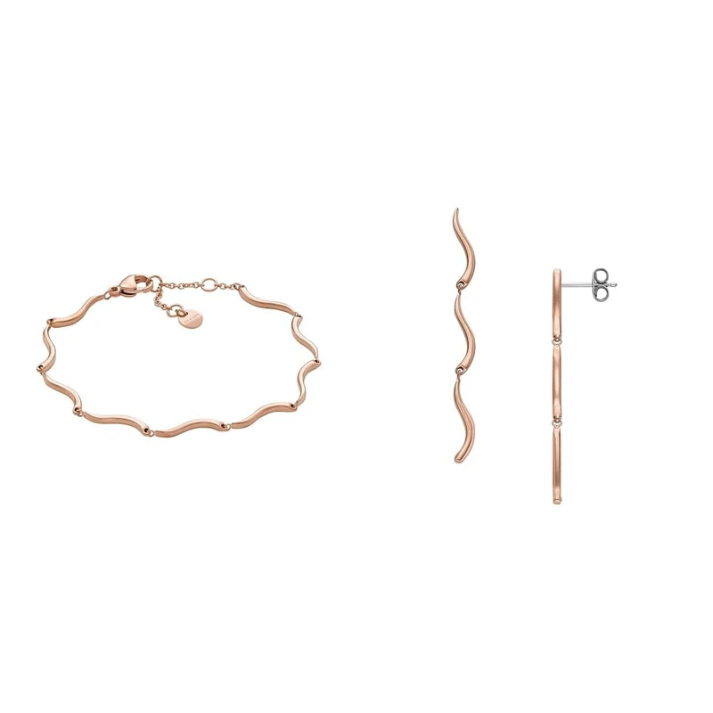 Skagen Damen Halskette und Ohrringe Essential Waves, Rose goldfabener Edelstahl, Set