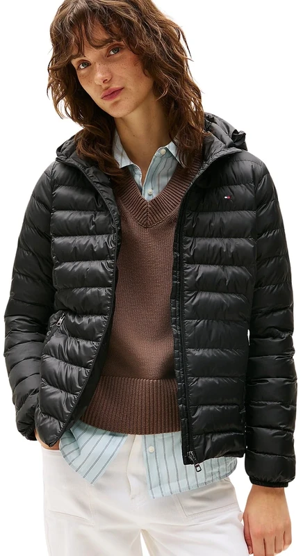 Tommy Hilfiger Women’s Global Stripe Padded Down Jacket with Hood, Black (Black), L