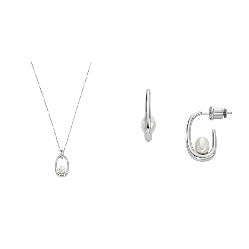 Skagen Damen Halskette und Ohrringe Essential Waves, silberfarbener Edelstahl, Set